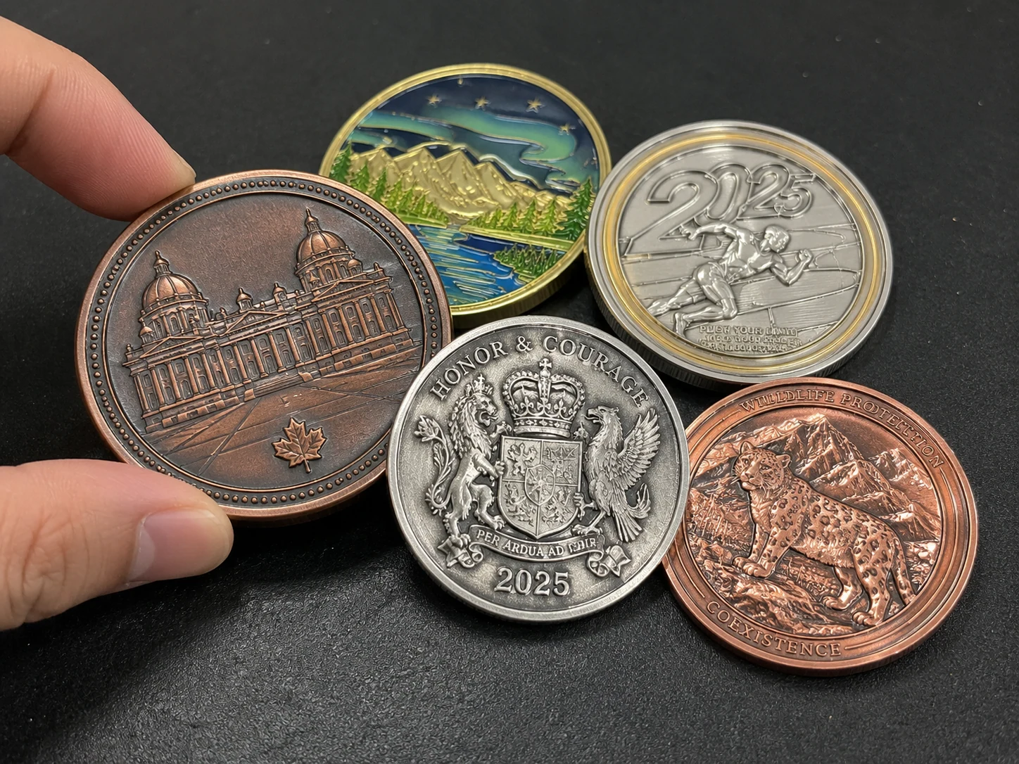 A selection of commemorative coins with architectural, wildlife, landscape and recognition designs in contrasting metallic finishes