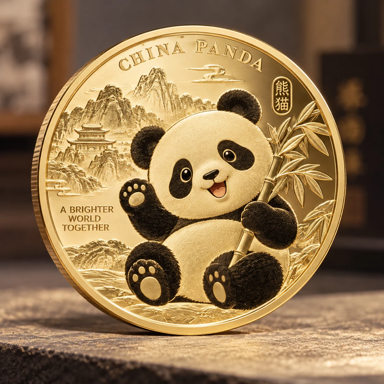 Gold-toned commemorative coin featuring a panda and mountain landscape