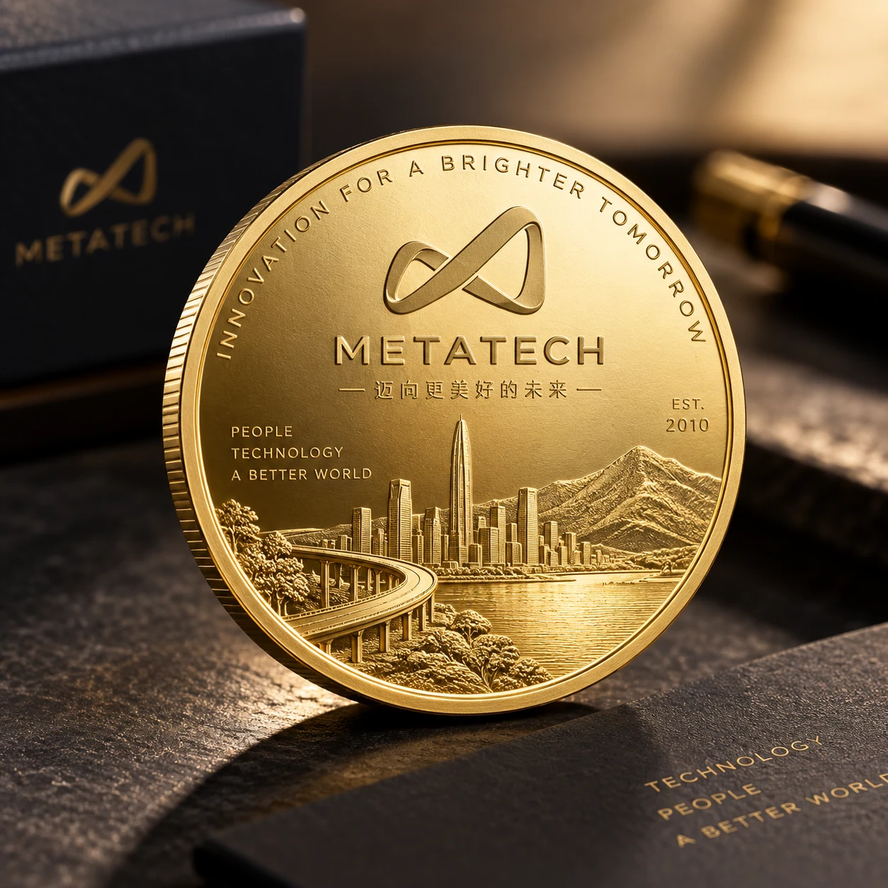Gold-toned corporate coin with a brand emblem and skyline relief