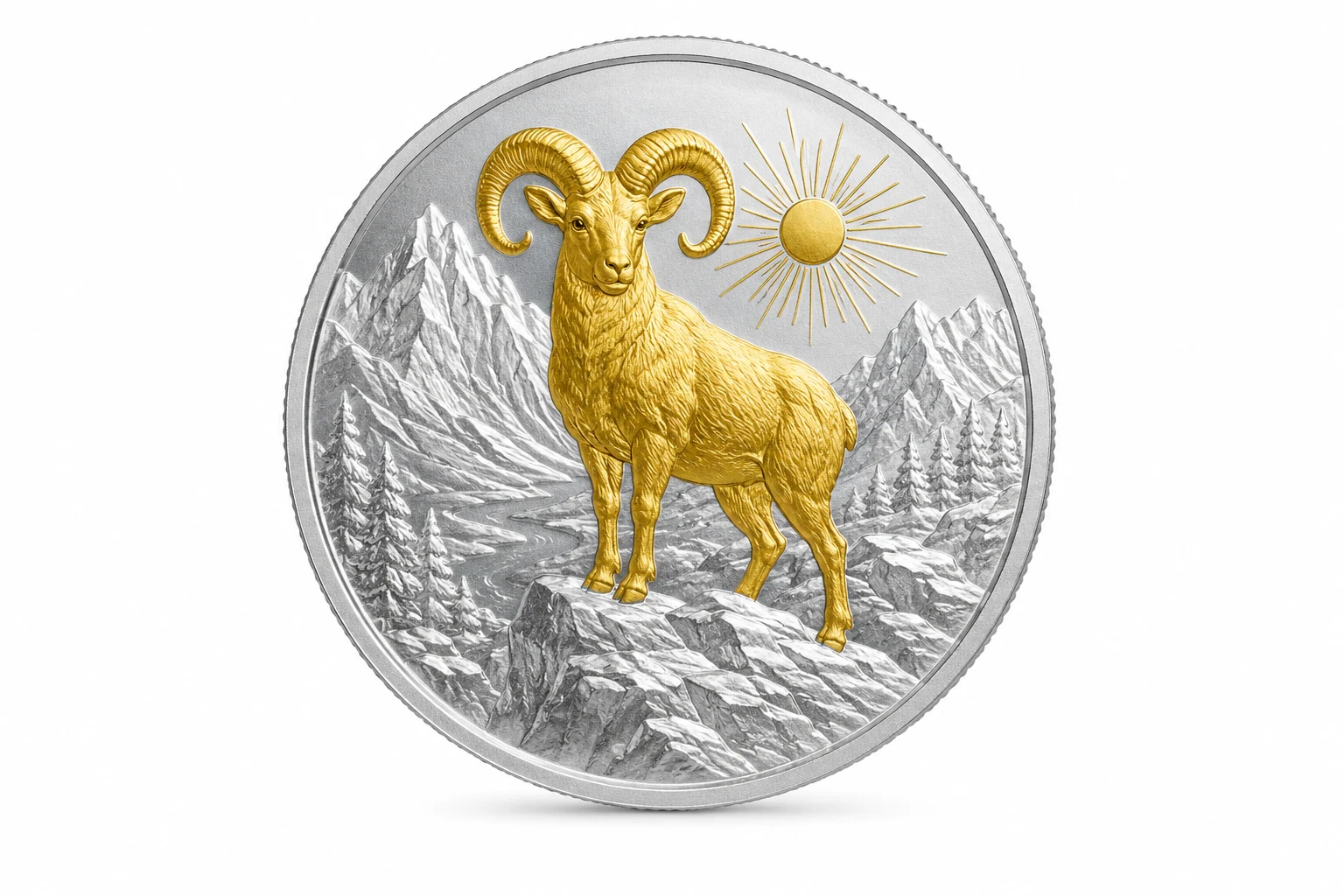 Silver-toned commemorative coin with a gold-toned ram and sun above a detailed mountain landscape