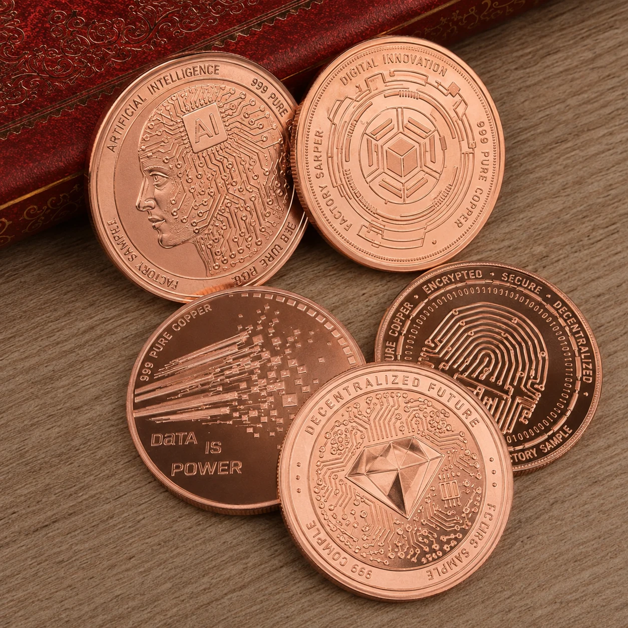 Copper-toned commemorative coins featuring technology and circuit designs