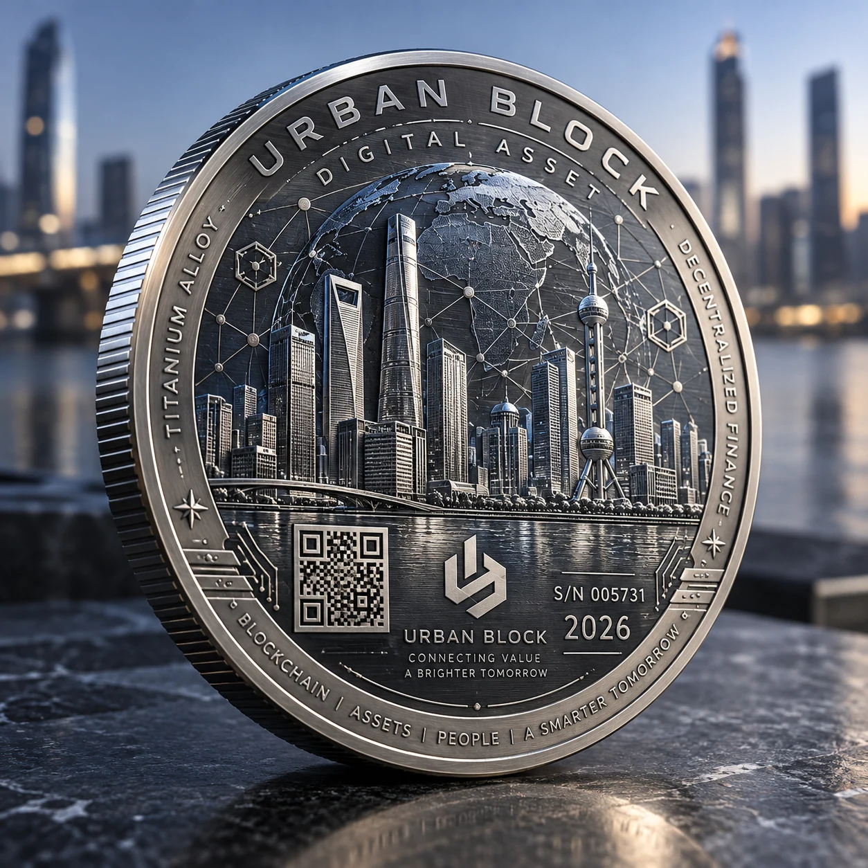 Titanium alloy coin with a city skyline, globe and engraved design details