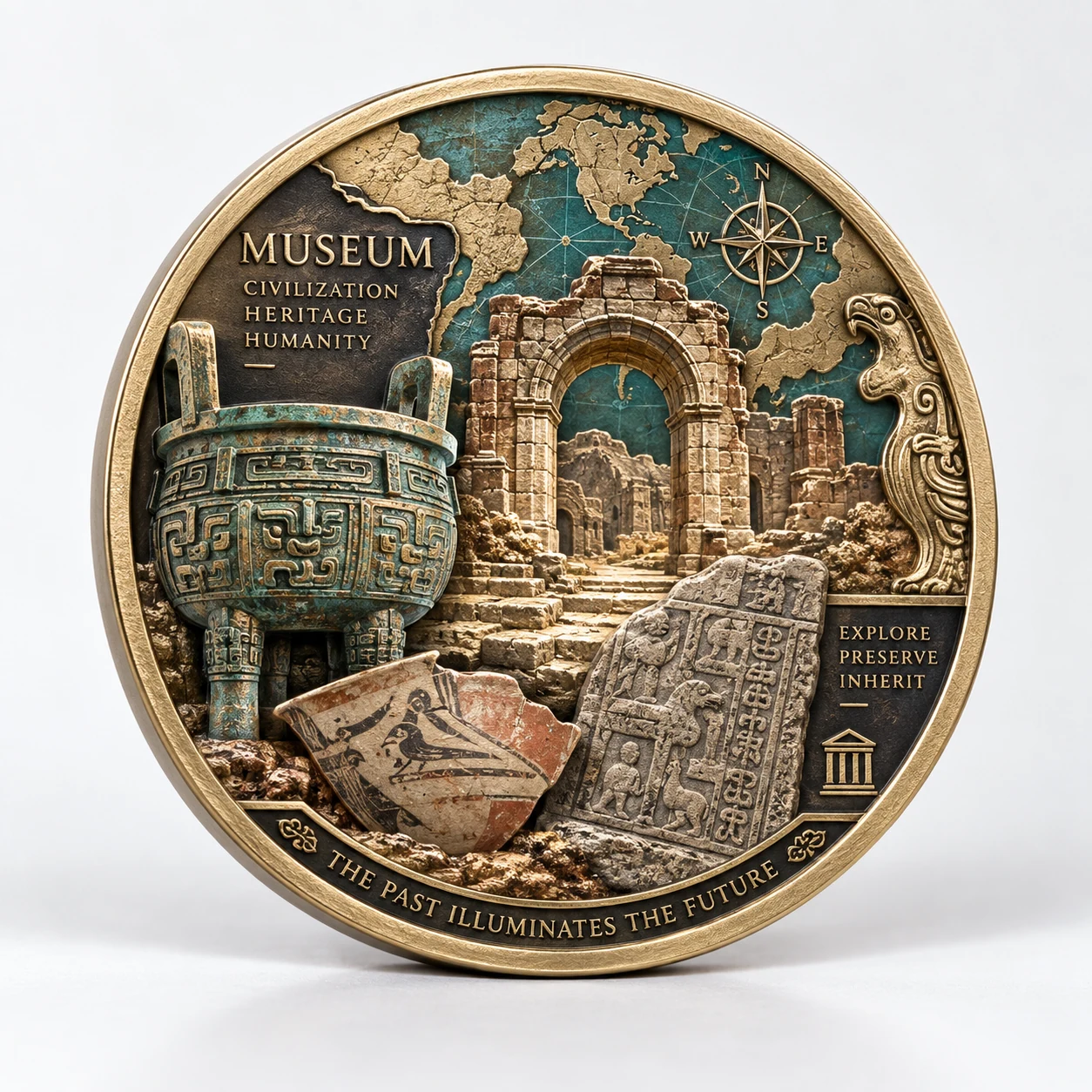 Antique-finish museum commemorative coin with dimensional cultural heritage details