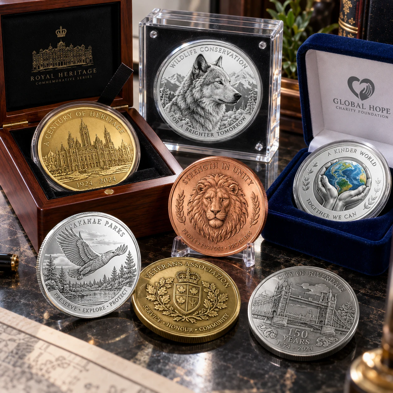 Commemorative coins in silver, copper and gold tones with protective cases and presentation boxes