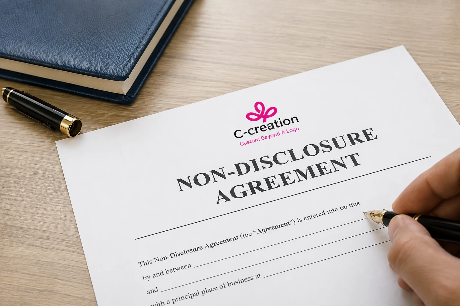 Non-disclosure agreement document with C-creation branding, a pen and a hand preparing to sign