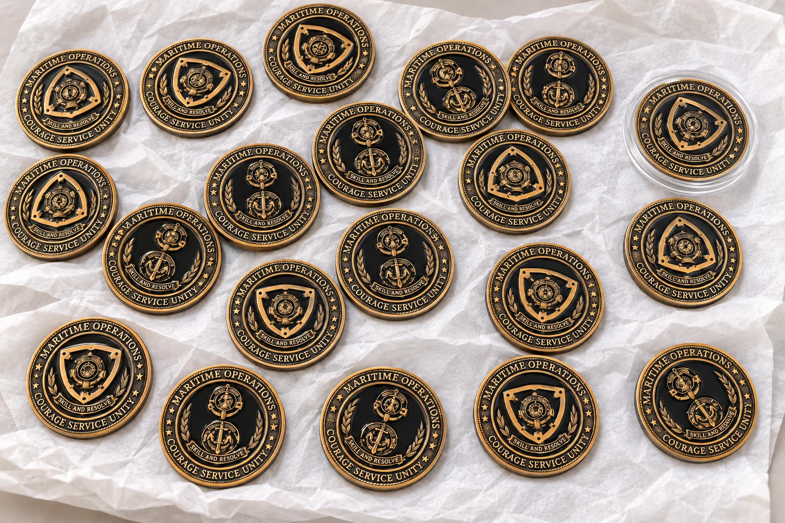 Retouched batch presentation of detailed antique gold-toned and black coins; identifying lettering and decorative details adapted for confidentiality
