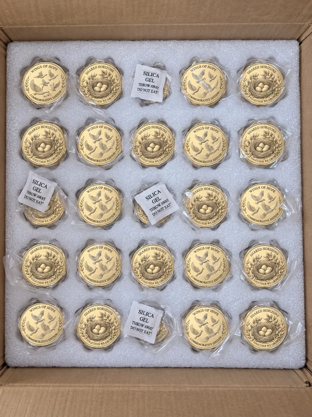 Protective Packaging · Adapted: substituted flock-of-doves and bird-nest motifs with generic inscriptions
