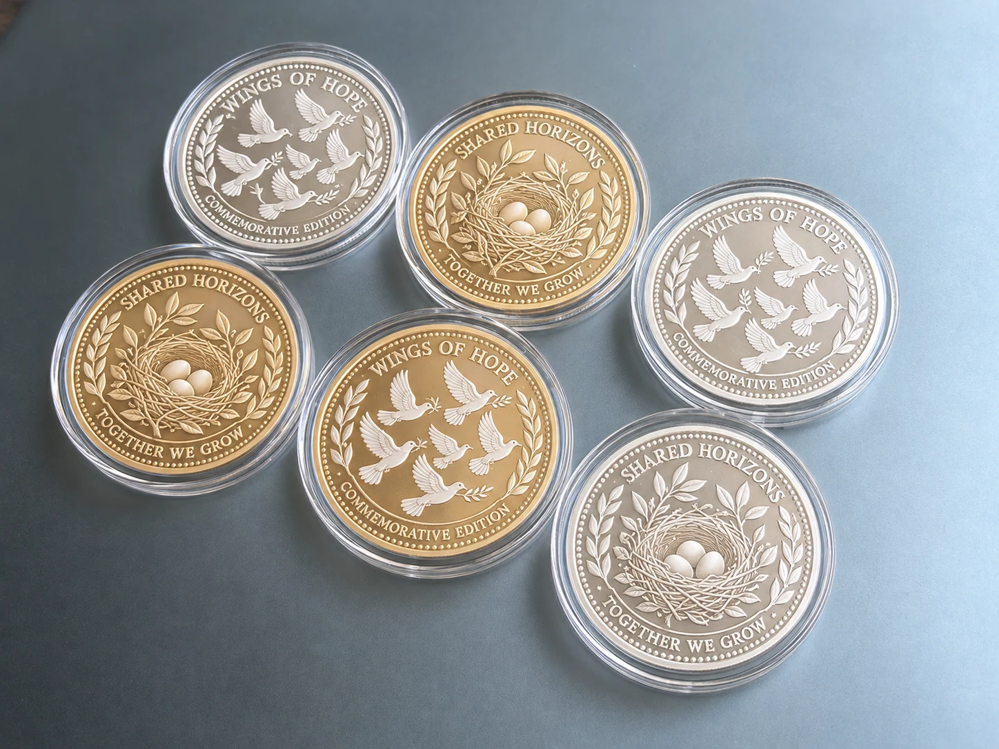 Sample View 1 · Adapted: substituted flock-of-doves and bird-nest motifs with generic inscriptions