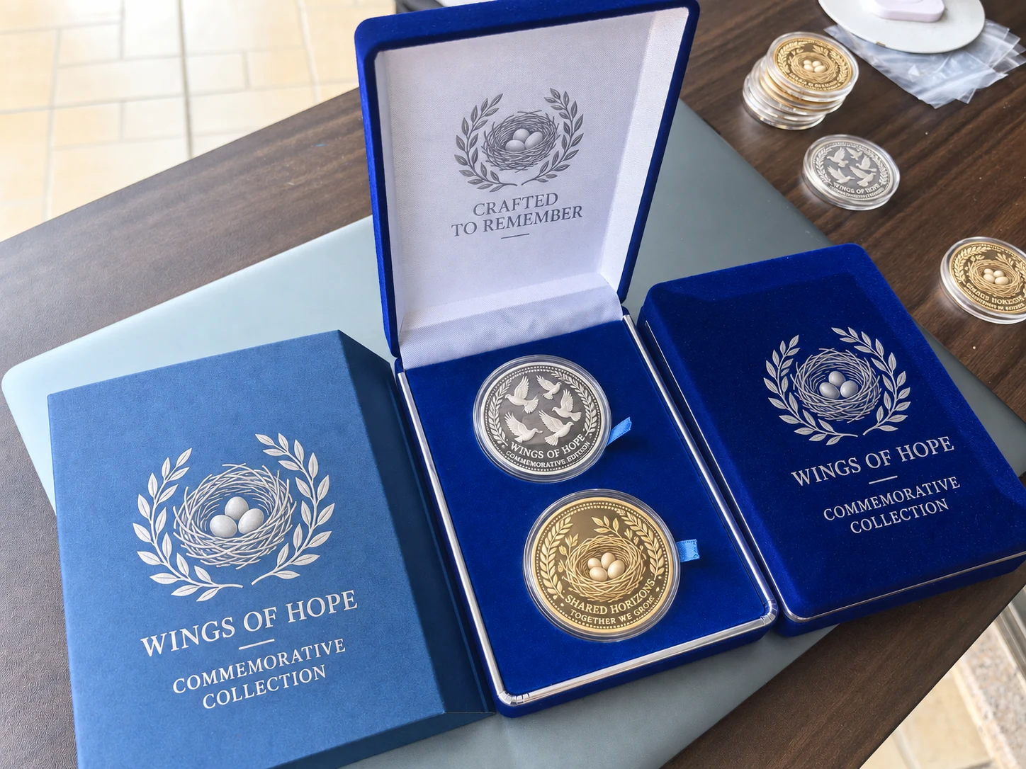 Adapted double-coin blue flocked gift box and sleeve with substituted flock, nest and generic silver-foil branding