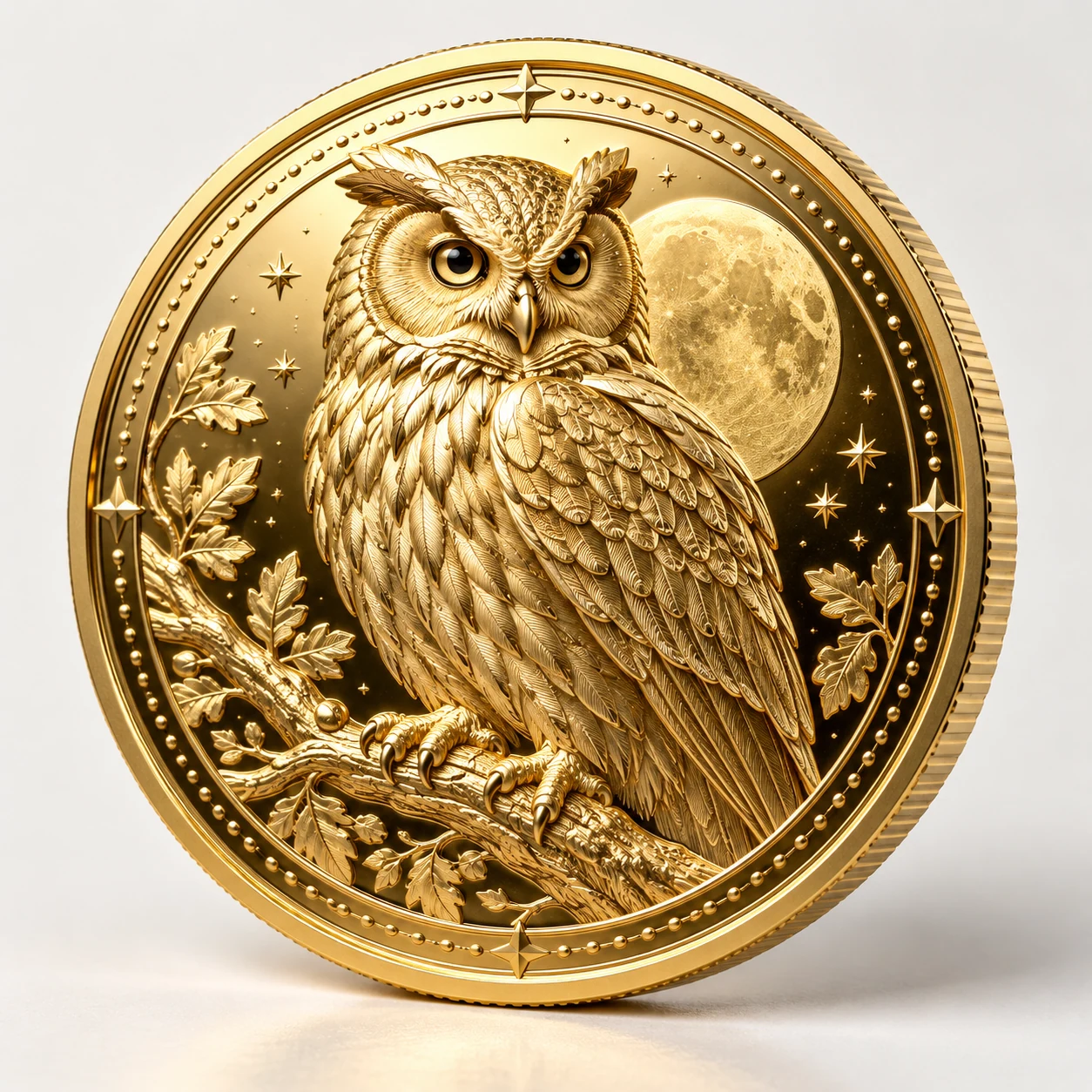Owl commemorative coin with Shiny Gold surface finish