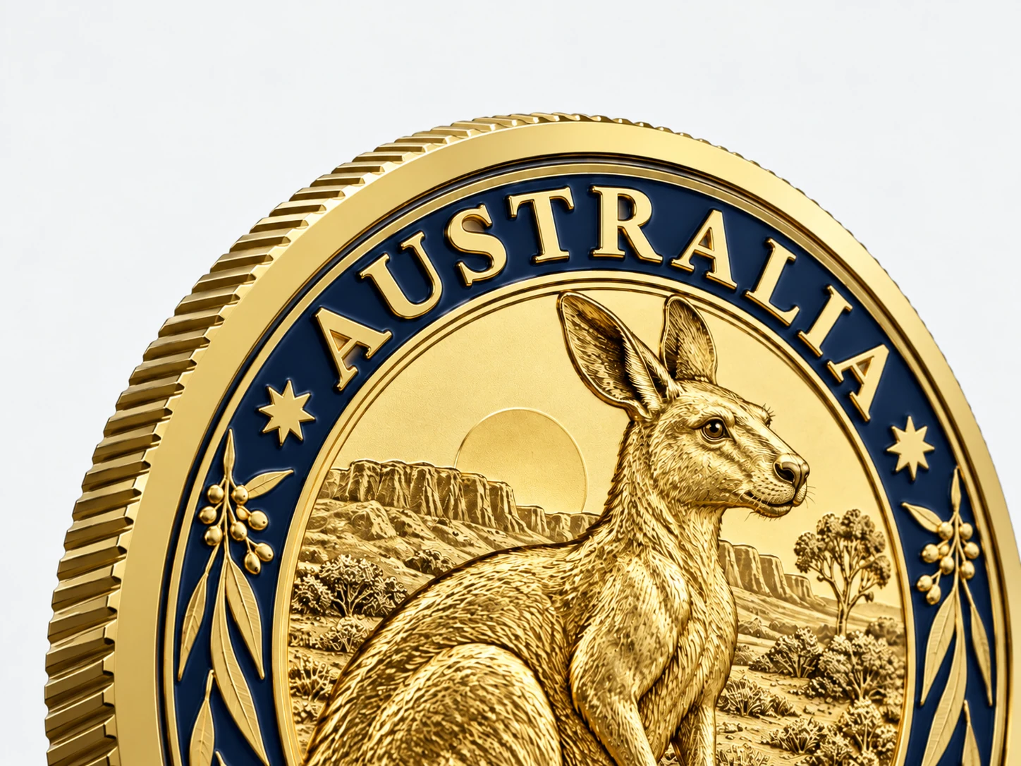 Gold-toned commemorative coin showing the Reeded Edge design in close-up