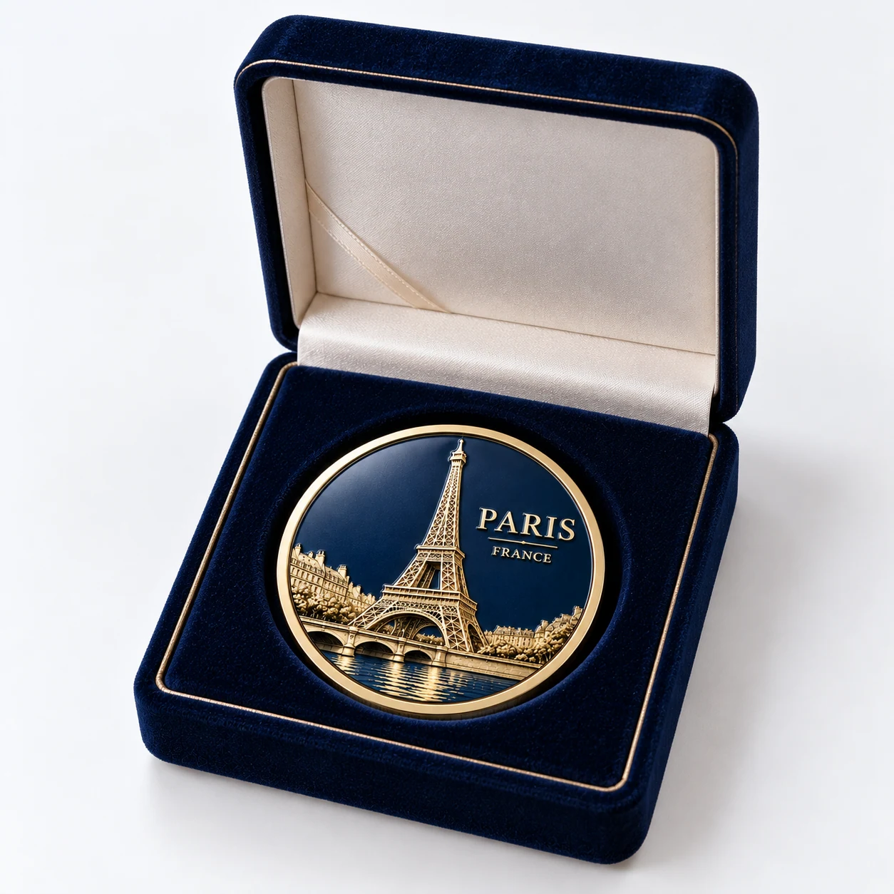Paris commemorative coin presented in an open blue velvet box